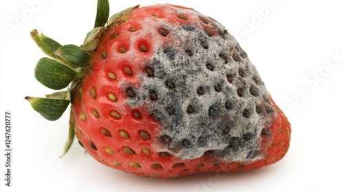 Decaying Strawberry: Close-up of a strawberry with visible mold and rot, showing the effects of spoilage and decomposition