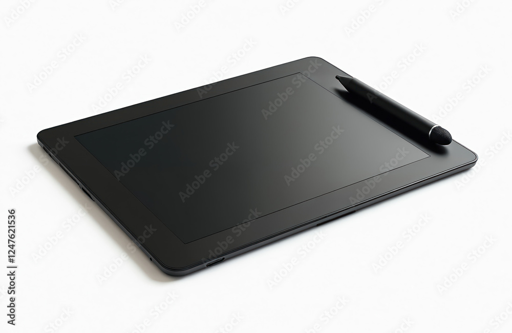 Modern black graphics tablet with stylus. Digital design tool for creating illustrations. Tech device for pro artists, illustrators. Versatile tech product. Electronic drawing input device. High Modern black graphics tablet with stylus. Digital design tool for creating illustrations. Tech device for pro artists, illustrators. Versatile tech product. Electronic drawing input device. High