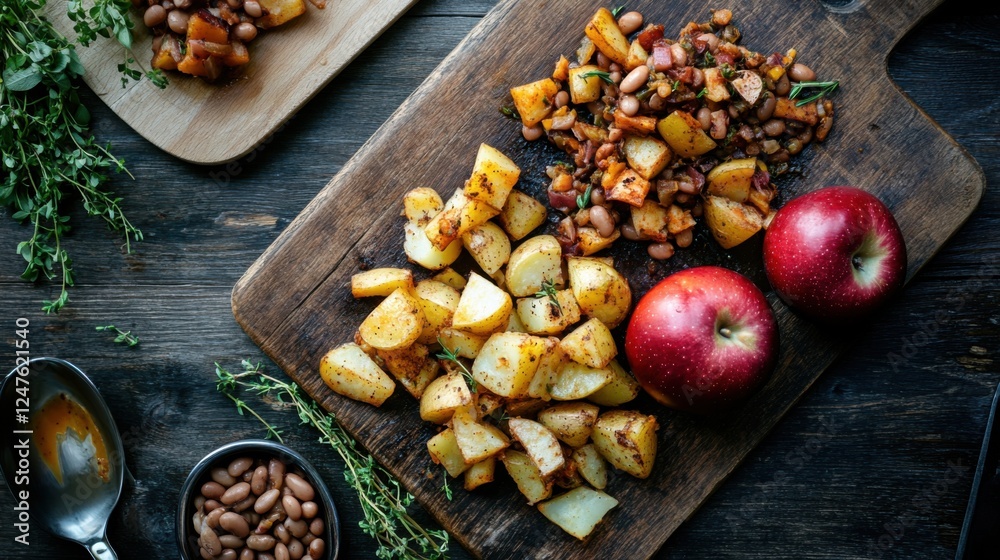 Fototapeta premium roasted potatoes apples and beans on wooden board