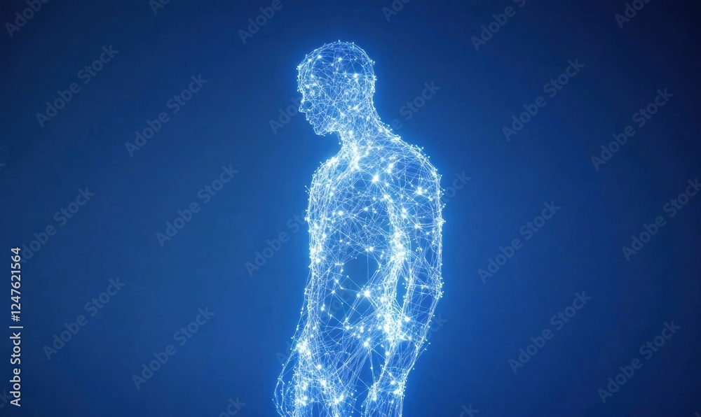 Abstract human silhouette with a glowing head and body made of digital connections on a blue background, symbolizing AI technology or futuristic information exchange Generative AI Abstract human silhouette with a glowing head and body made of digital connections on a blue background, symbolizing AI technology or futuristic information exchange Generative AI