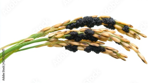 Affected Rice: A detailed macro shot reveals rice plant with black spores, providing a visual representation of a challenge facing agricultural fields.