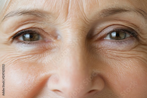 Senior woman smiling close-up showcasing bright eyes and joyful expression during a sunny day outdoors photo