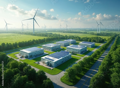 Modern eco-friendly data centers stand amid green fields, renewable energy sources. Solar panels cover building rooftops. Wind turbines generate clean energy. Sustainable tech practices highlighted. photo