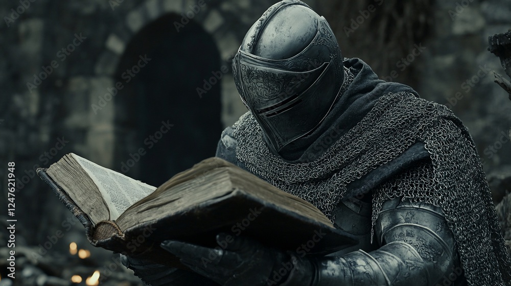 Fototapeta premium Medieval Knight Immersed in Ancient Lore Examining a Bound Manuscript