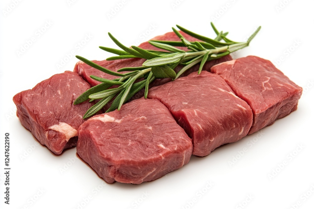 Fresh Raw Beef Cuts with Green Rosemary Sprigs on White Background for Culinary Use Fresh Raw Beef Cuts with Green Rosemary Sprigs on White Background for Culinary Use