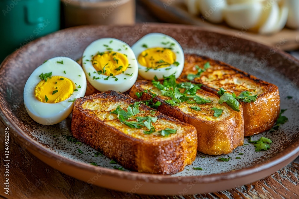 French Toast and Hard Boiled Eggs in a Plate. French Toast and Hard Boiled Eggs in a Plate.