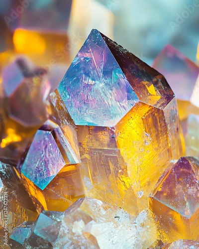 Close-up of crystalline formations, hexagonal geometric patterns, iridescent mineral growth, abstract mathematical beauty