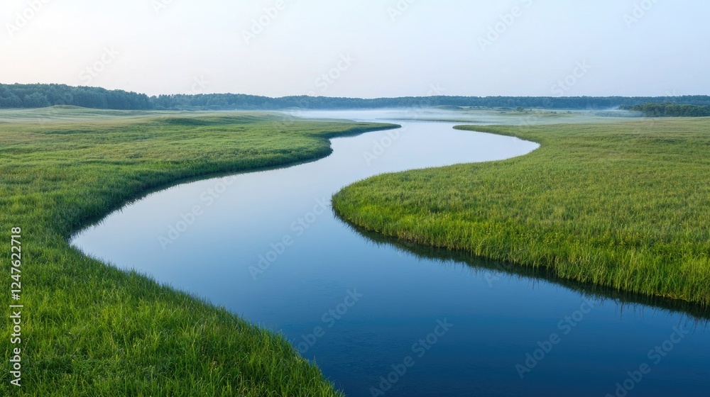 Serpentine river meandering through lush green wetlands at dawn Serpentine river meandering through lush green wetlands at dawn