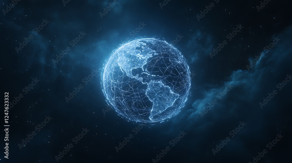 Obraz premium A futuristic digital holographic globe emitting a glow, suitable for technology and sci-fi themes.