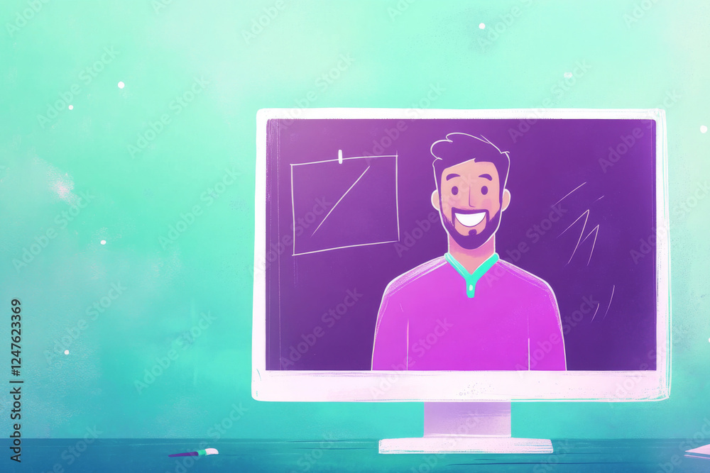 Professional mockup with logo design and customizable text area on a vibrant background featuring a smiling man Professional mockup with logo design and customizable text area on a vibrant background featuring a smiling man