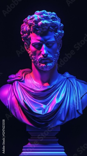 Futuristic Neon David Bust Sculpture with Vibrant Colors on Dark Background