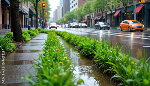 Urban city intersection transformed into green space. Rain gardens, bioswales constructed along street. Green plants, flowers line walkways. Cars drive on wet pavement. Eco-friendly urban design