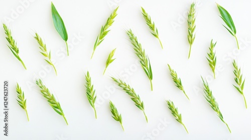 Wheat Pattern: An overhead shot showcases a pattern of fresh green wheat stalks and leaves, creating a clean and natural aesthetic.