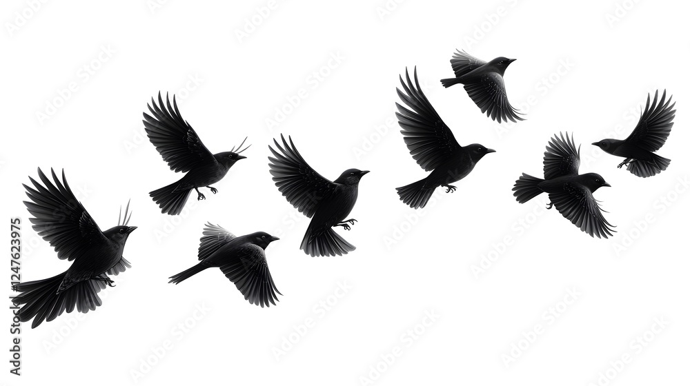Fototapeta premium A dramatic black-and-white composition featuring ravens in mid-flight, captured as bold silhouettes against a clean white background. 