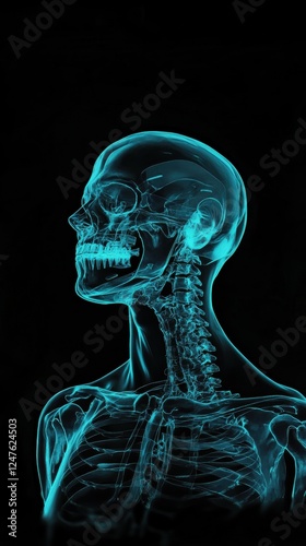 blue x-ray, man face, gaze, black background, cyan color bone, mechanical, anatomy 