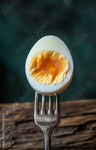 Boiled Egg Half with Fork on Wooden Rustic Background: Food Photography for Restaurants and Cookbooks