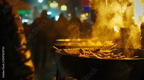 Street food vendor at night market, colorful lights, bustling crowd