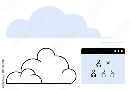 Large cloud shapes above a browser window featuring user group icons. Ideal for teamwork, virtual communication, networking, data storage, technology, SaaS, abstract line flat metaphor