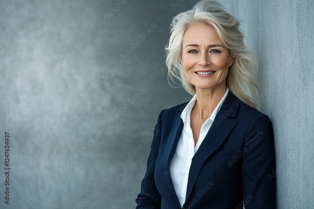 Confident senior businesswoman smiling, urban wall, headshot