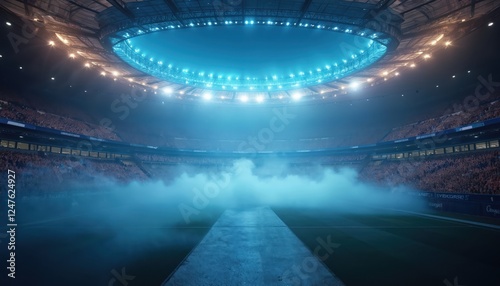 Big stadium entrance filled with excited crowd. Bright lights illuminate arena. Smoke fills field creating dramatic atmosphere. Event underway about to start. Night time. Large crowd in stadium. photo