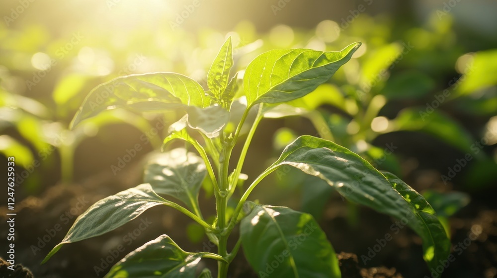 Sunlit Plant: Young green plants bask in the golden rays of the sun, thriving in a vibrant environment, a testament to life's resilience and nature's beauty. Sunlit Plant: Young green plants bask in the golden rays of the sun, thriving in a vibrant environment, a testament to life's resilience and nature's beauty.