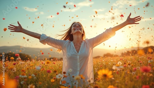 Joyful woman embraces nature in vibrant flower meadow. Arms raised high amidst flurry of petals. Sunny day filled with happiness, freedom. Scene of summer bliss, carefree joy. Outdoors in colorful photo