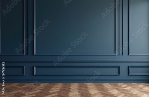 Empty classic style interior room with navy blue wall paneling, brown parquet floor. Classic design interior showcase. Elegant, timeless home decor. Versatile, stylish space. Suitable for various photo