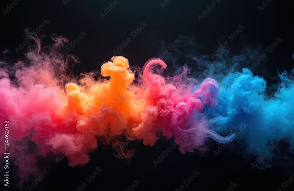 Obraz premium Colorful smoke waves swirl against dark background. Vivid rainbow colors mix creating dynamic patterns. Abstract art design. Vibrant hues explode in dynamic motion. Fluid liquid effects. Perfect for
