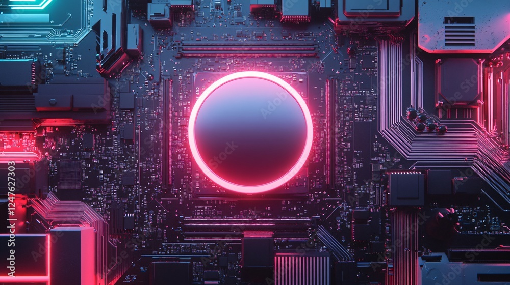 Fototapeta premium Advanced Circuit Motherboard with Round Glossy Chip, Holographic Wires, and Neon Cyan and Purple Lights. Copy space. Generative AI