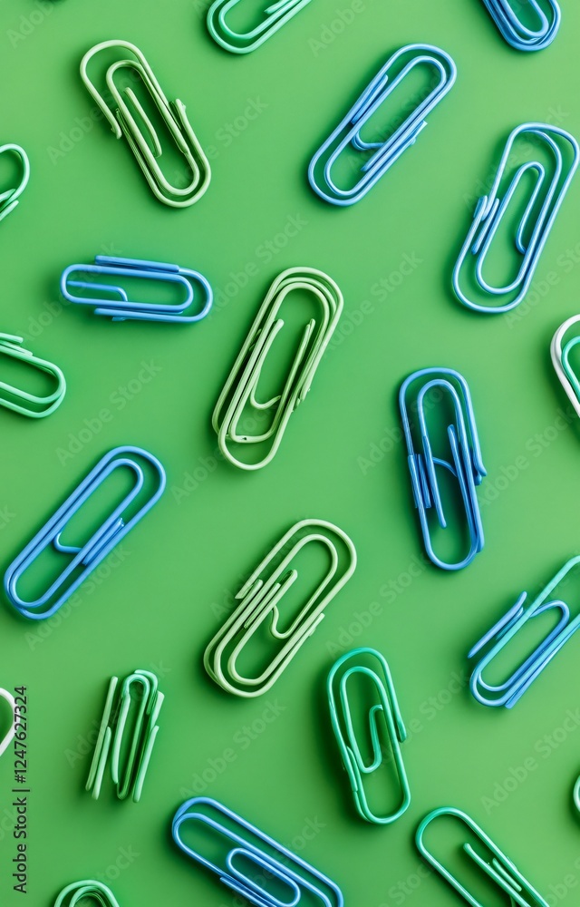 White, Green, and Blue Paper Clips with Top View Copy Space: Workspace Organization and Management White, Green, and Blue Paper Clips with Top View Copy Space: Workspace Organization and Management