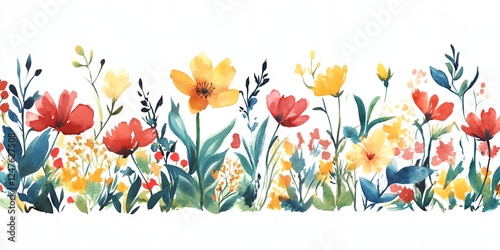 Fototapeta Naklejka Na Ścianę i Meble -  Watercolor painting of a field of flowers with a yellow flower in the middle