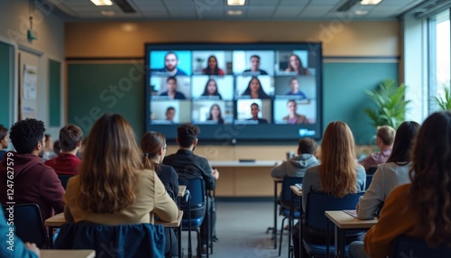 Students attend hybrid classroom session. Students in person others join virtually on large screen. Blended learning environment clearly visible. Students listen attentively. Modern education