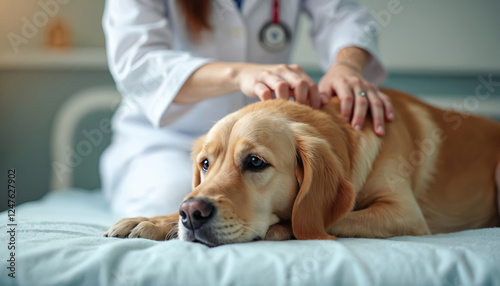 Vet gently treats dog back with acupuncture needles. Calm clinic environment. Animal care, veterinary health care concept. Professional vet placing needles on canine back. Medical treatment for pet.