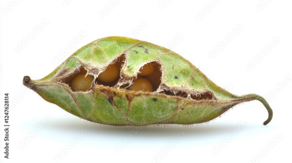 Obraz premium Open Soybean Pod: A close-up shot of an open soybean pod reveals the small, golden seeds within, showcasing the natural beauty and essential role of soybeans in agriculture and food production.