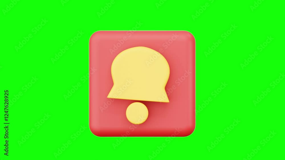 3D Greenscreen Video notification user interface icon Red square with yellow bell and circle for design projects related to alerts, notifications, warning signs, graphic elements in bright colors.