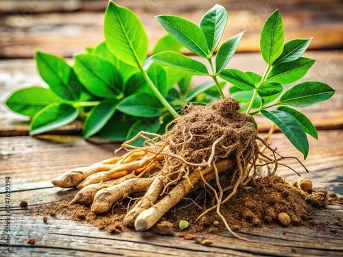 Eurycoma Longifolia Jack Roots Leaves Powder Natural Background photo