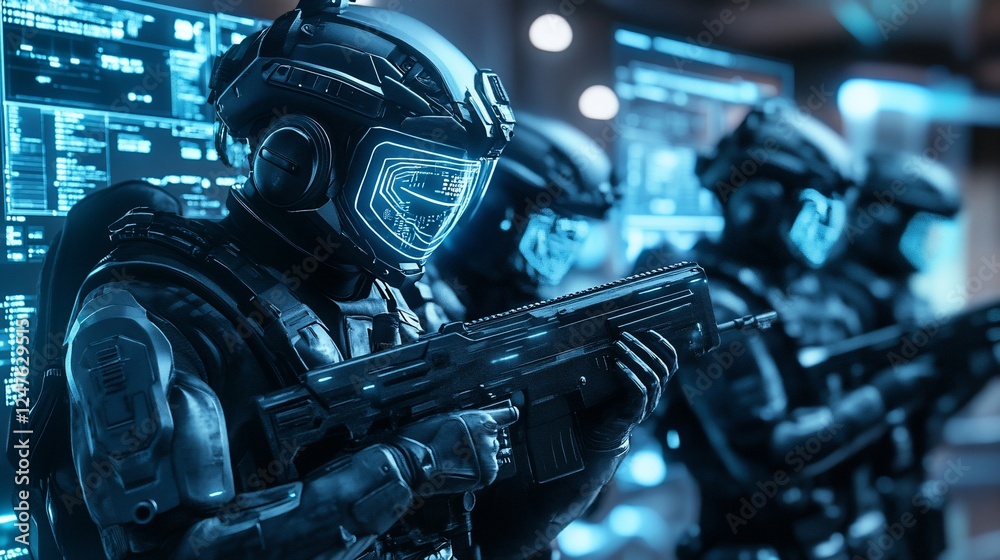 Fototapeta premium Futuristic Soldiers in a Cyberpunk Setting with Advanced Weaponry and Neon Displays