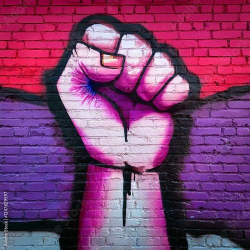A bold feminist graffiti mural featuring a clenched fist in vibrant pink and purple tones on a textured urban brick wall, symbolizing resistance and empowerment