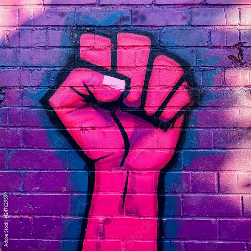 Wallpaper Mural A bold feminist graffiti mural featuring a clenched fist in vibrant pink and purple tones on a textured urban brick wall, symbolizing resistance and empowerment Torontodigital.ca