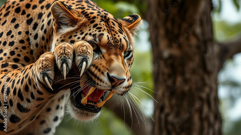 Fototapeta premium Close up of a lion's panthera leo claw with sharp curved nails on a textured tree bark background, animal, predatory, dangerous