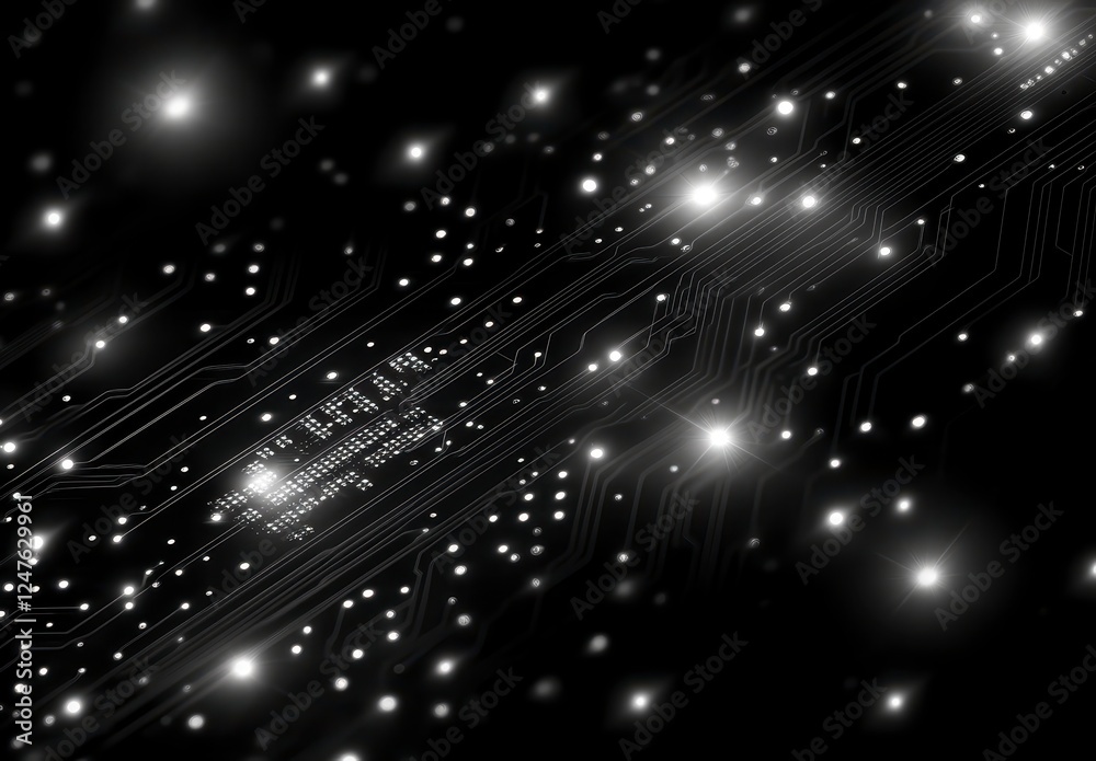 Abstract black and white circuit board pattern with glowing white dots and lines Abstract black and white circuit board pattern with glowing white dots and lines