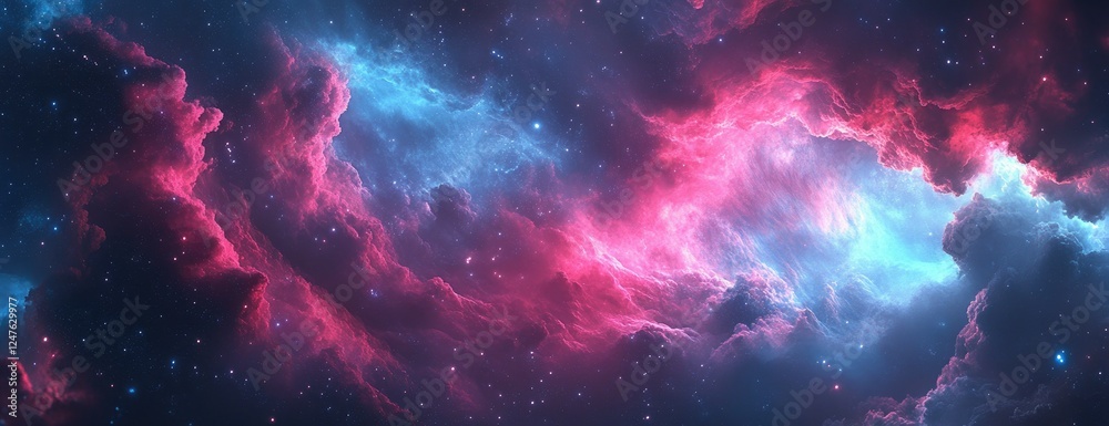 Cosmic Nebula Pink, blue cloudscape; starfield background; digital art, website header