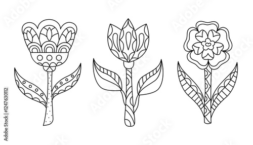 Naive hand drawn linear flowers in simple style vector illustration. contour geometric plants isolated on white background