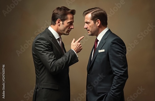 Two men in formal suits stand facing in tense confrontation. One man pointing at. Expressions serious, angry. Scene dramatic, high-contrast against neutral background. Business conflict between two