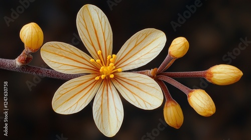 Cream flower, orange buds, dark background, botanical study, nature photography