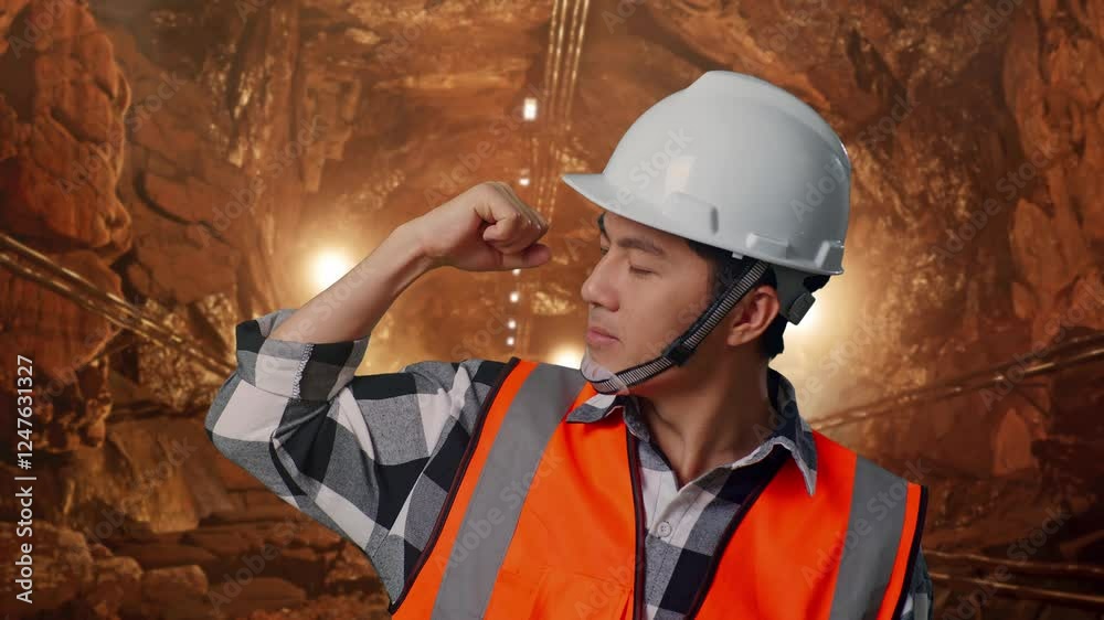 Close Up Of Asian Male Engineer With Safety Helmet Flexing His Bicep And Smiling To Camera While Standing In Underground Mine Tunnel