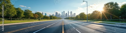 Empty asphalt road stretches towards modern cityscape. Green trees line roadside park. Sunny day. Wide angle view urban infrastructure. Clear sunny day. Vast empty road. City skyline visible in