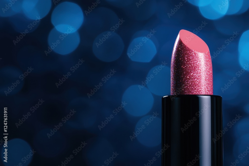 Sparkling Pink Lipstick on Black Background with Blue Bokeh Lights for Makeup and Beauty Products Sparkling Pink Lipstick on Black Background with Blue Bokeh Lights for Makeup and Beauty Products