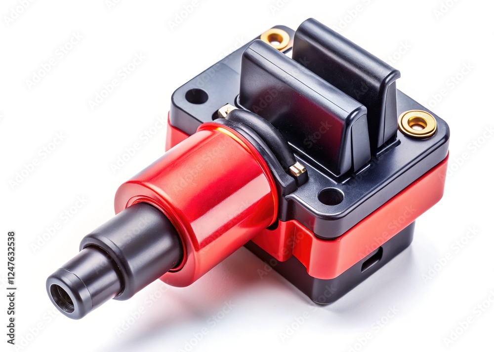 New Ignition Coil for Gasoline Engine Car on White Background New Ignition Coil for Gasoline Engine Car on White Background