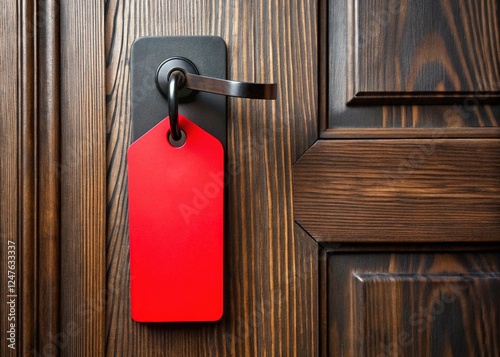 Red Door Tag on Black Handle of Wooden Door photo